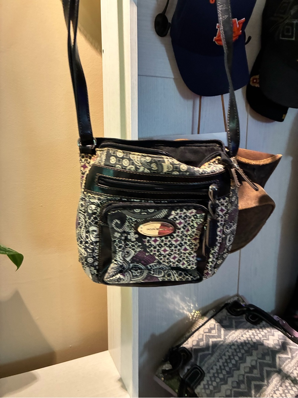 Jaclyn Smith Black and Purple Paisley Crossbody Bag